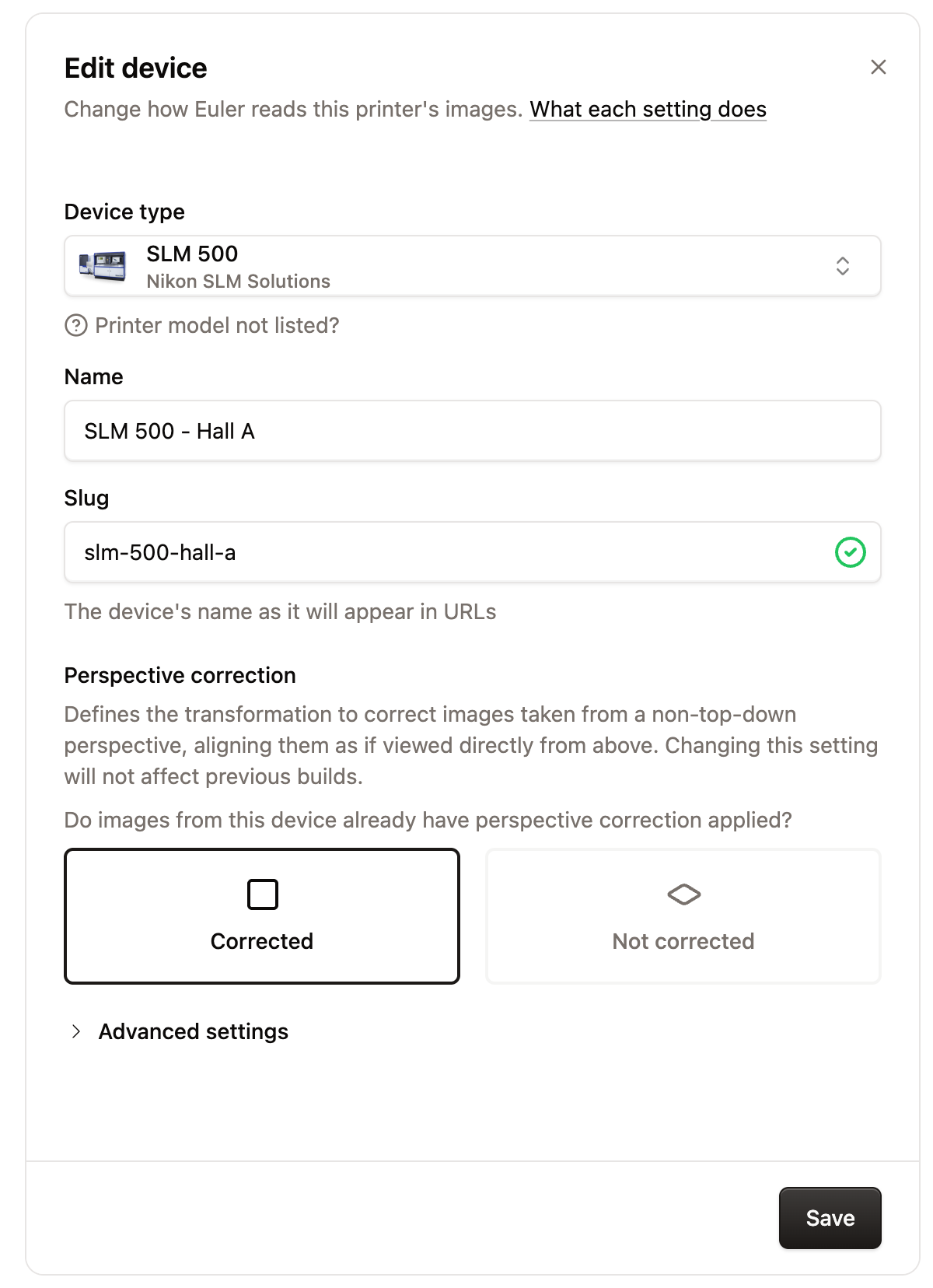 The Edit device panel with device type, name, slug and perspective correction