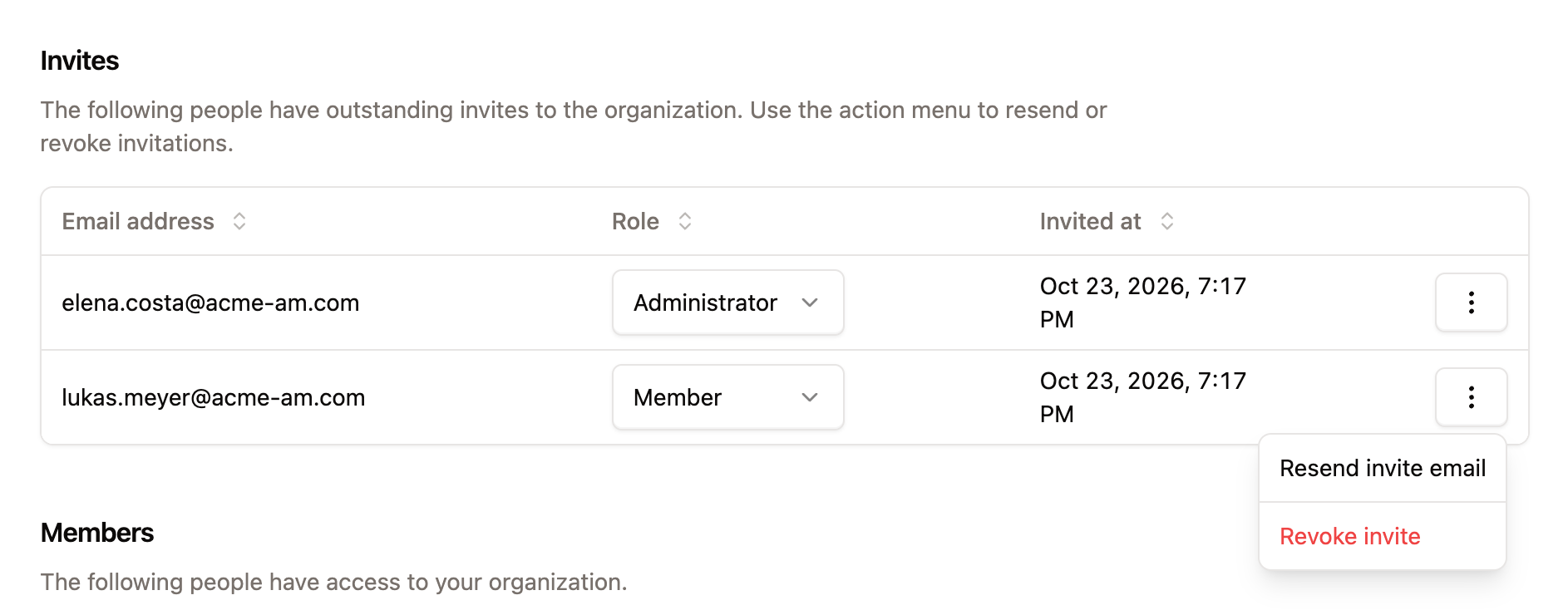 The Invites list with a pending invite and its action menu