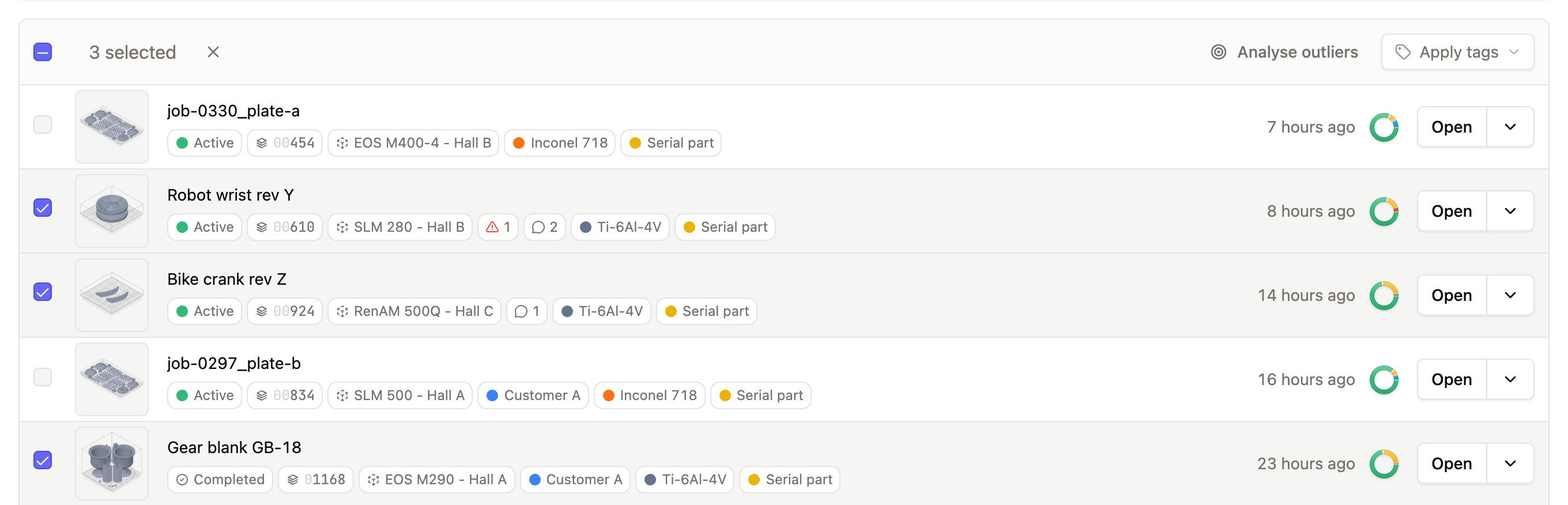 Batch actions shown after selecting several prints