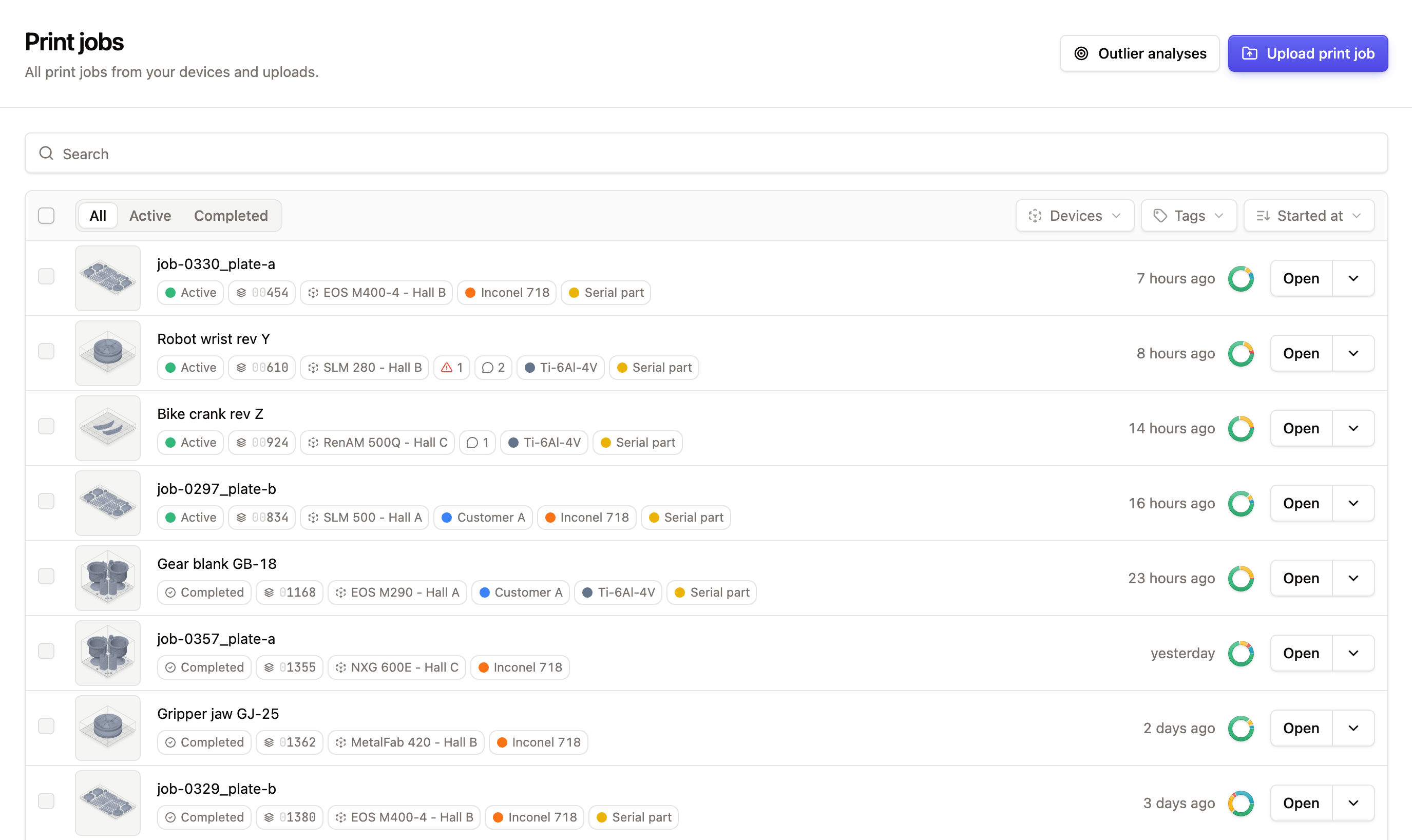 The Print jobs page with search, status tabs, filters and a list of prints