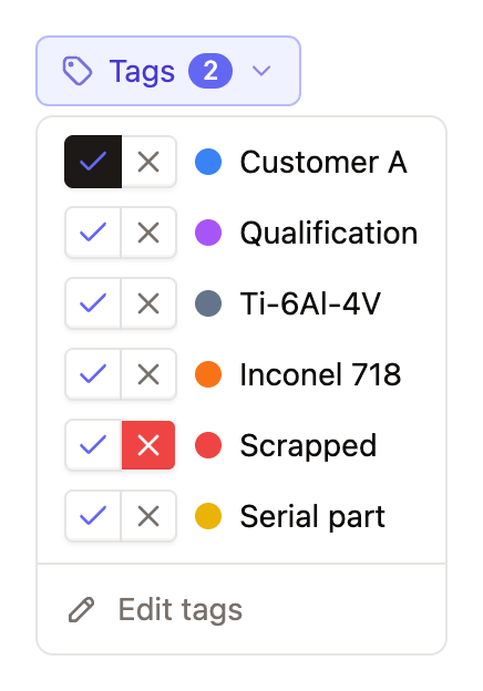 The tag filter with included and excluded tags