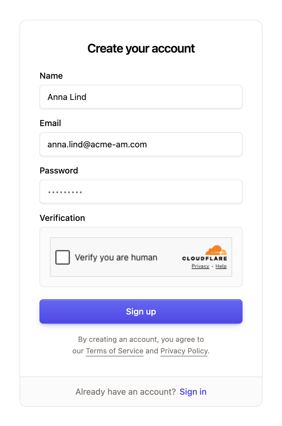 The Create your account form with name, email, password and verification