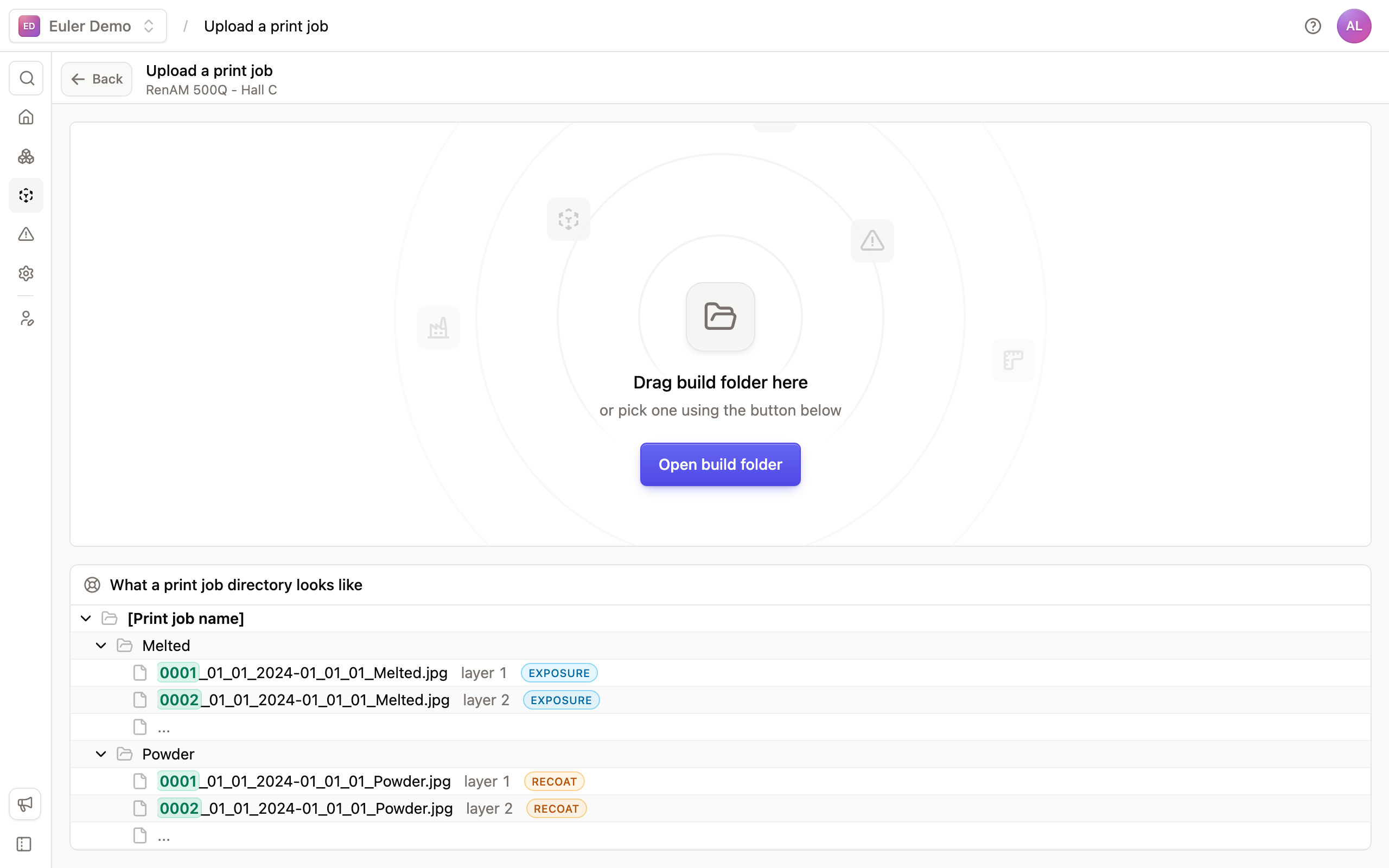 The upload page with the build folder drop area and an example of the folder layout for a Renishaw device